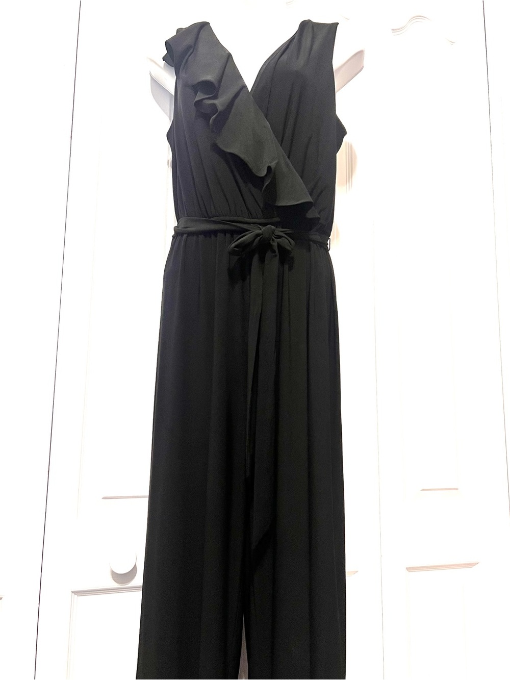 Emma & Michele Black Ruffle Wrap One Piece Jumpsuit with Tie Waist Belt-Medium